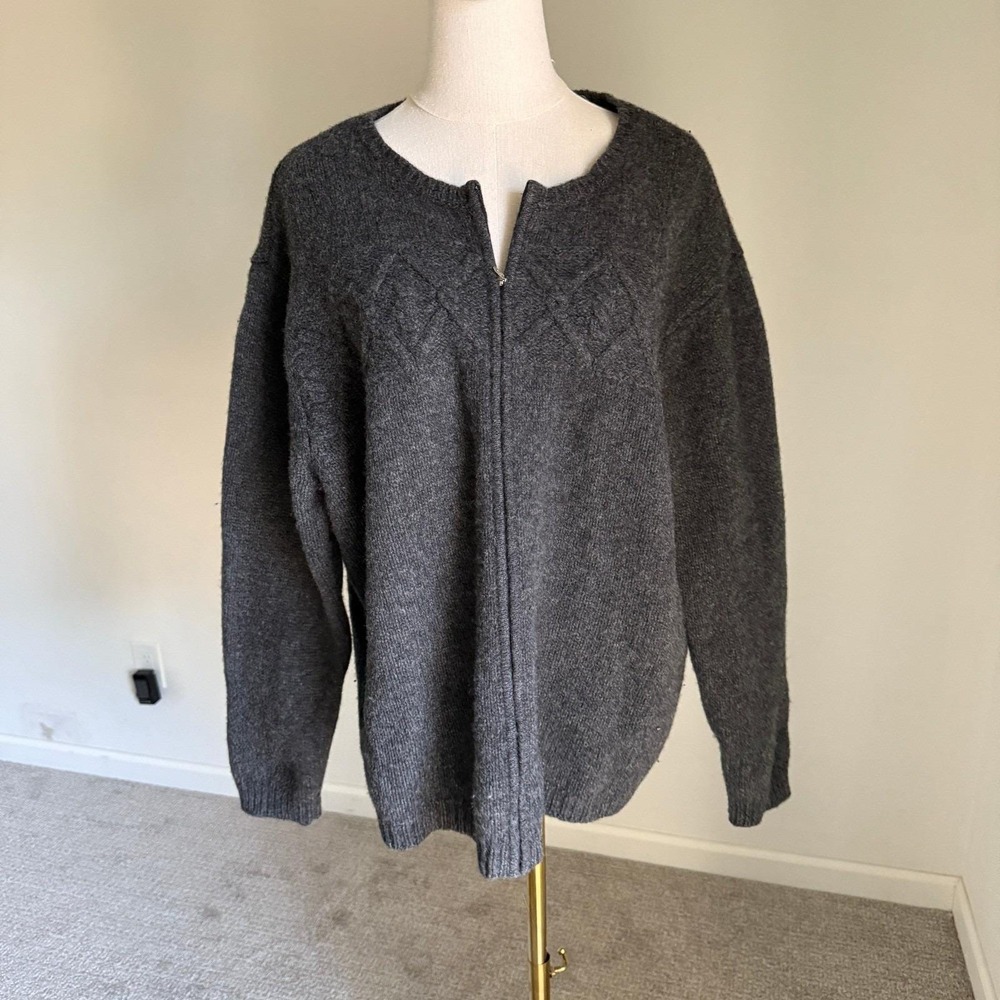 Vtg Talbots 2X Gray Cable Knit Lambswool Zip Front Cardigan Sweater Old Money